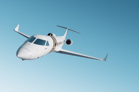 White private business jet flying in the sky, fluffy clouds. Business flights, private jet, luxury life, corporate travel, luxury travel. 3D illustration, 3D renderingの写真素材