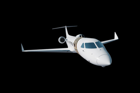 Photorealistic rendering of a business jet, aircraft on a black background, isolate. The concept of business flights, private jet, luxury life, corporate business trips. 3D illustration, 3D renderingの写真素材