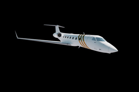 Photorealistic rendering of a business jet, aircraft on a black background, isolate. The concept of business flights, private jet, luxury life, corporate business trips. 3D illustration, 3D renderingの写真素材