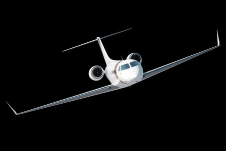 Photorealistic rendering of a business jet, aircraft on a black background, isolate. The concept of business flights, private jet, luxury life, corporate business trips. 3D illustration, 3D renderingの写真素材