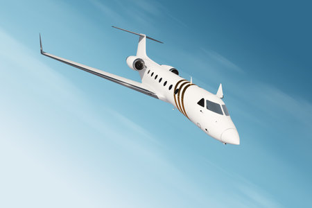 White private business jet flying in the sky, fluffy clouds. Business flights, private jet, luxury life, corporate travel, luxury travel. 3D illustration, 3D renderingの写真素材