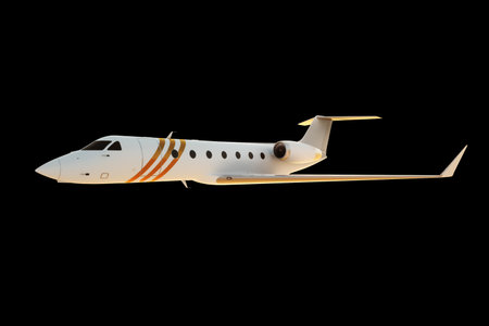 Photorealistic rendering of a business jet, aircraft on a black background, isolate. The concept of business flights, private jet, luxury life, corporate business trips. 3D illustration, 3D renderingの写真素材