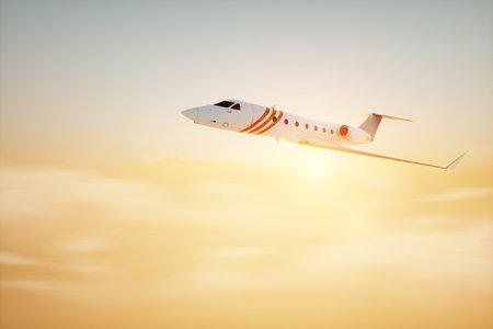 White private business jet on the background of the sunset in the sky, fluffy clouds. Business flights, private jet, luxury life, corporate travel, luxury travel. 3D illustration, 3D renderingの写真素材