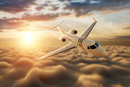 White private business jet on the background of the sunset in the sky, fluffy clouds. Business flights, private jet, luxury life, corporate travel, luxury travel. 3D illustration, 3D renderingの写真素材