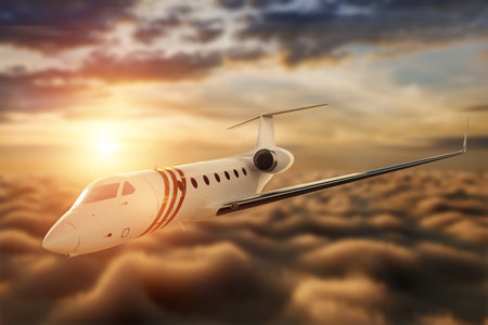 White private business jet on the background of the sunset in the sky, fluffy clouds. Business flights, private jet, luxury life, corporate travel, luxury travel. 3D illustration, 3D renderingの写真素材