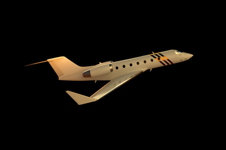 Photorealistic rendering of a business jet, aircraft on a black background, isolate. The concept of business flights, private jet, luxury life, corporate business trips. 3D illustration, 3D renderingの写真素材