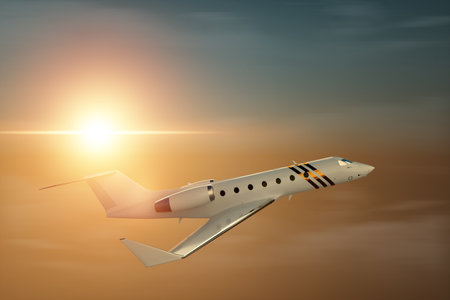 White private business jet on the background of the sunset in the sky, fluffy clouds. Business flights, private jet, luxury life, corporate travel, luxury travel. 3D illustration, 3D renderingの写真素材