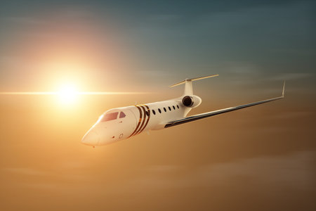 White private business jet on the background of the sunset in the sky, fluffy clouds. Business flights, private jet, luxury life, corporate travel, luxury travel. 3D illustration, 3D renderingの写真素材