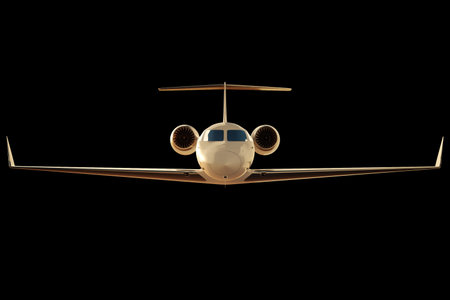 Photorealistic rendering of a business jet, aircraft on a black background, isolate. The concept of business flights, private jet, luxury life, corporate business trips. 3D illustration, 3D renderingの写真素材