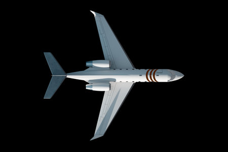 Photorealistic rendering of a business jet, aircraft on a black background, isolate. The concept of business flights, private jet, luxury life, corporate business trips. 3D illustration, 3D renderingの写真素材