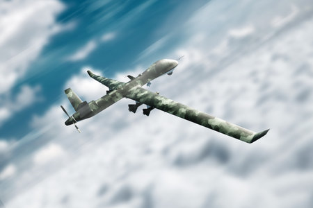 A military combat drone UAV is on duty in the sky. Modern aircraft, army of the future, reconnaissance, military drone, war of the future. 3D illustration, 3D renderingの写真素材