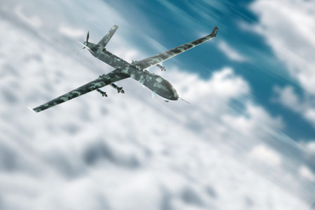 A military combat drone UAV is on duty in the sky. Modern aircraft, army of the future, reconnaissance, military drone, war of the future. 3D illustration, 3D renderingの写真素材