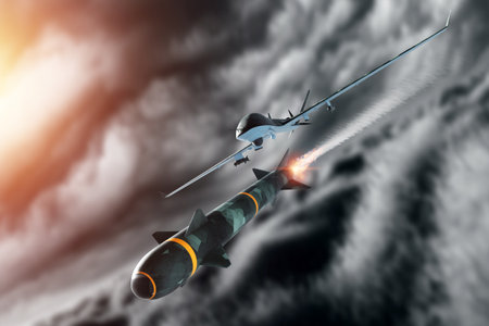 UAV military combat drone launches a combat missile. Modern aircraft, army of the future, reconnaissance, military drone, war of the future. 3D illustration, 3D renderingの写真素材