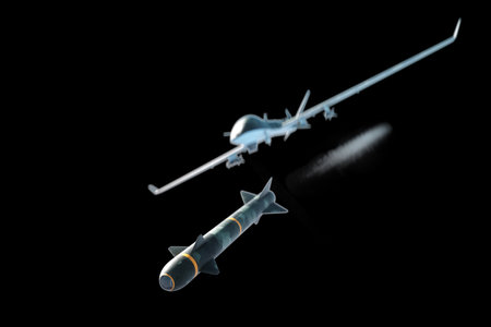 UAV military combat drone isolated on white background. Modern aircraft of the army, army of the future, reconnaissance, military drone. 3D illustration, 3D renderingの写真素材