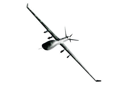 UAV military combat drone isolated on white background. Modern aircraft of the army, army of the future, reconnaissance, military drone. 3D illustration, 3D renderingの写真素材