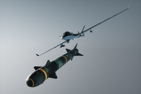 UAV military combat drone launches a combat missile. Modern aircraft, army of the future, reconnaissance, military drone, war of the future. 3D illustration, 3D renderingの写真素材