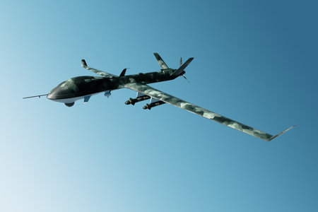 A military combat drone UAV is on duty in the sky. Modern aircraft, army of the future, reconnaissance, military drone, war of the future. 3D illustration, 3D renderingの写真素材