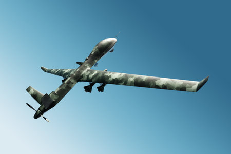 A military combat drone UAV is on duty in the sky. Modern aircraft, army of the future, reconnaissance, military drone, war of the future. 3D illustration, 3D renderingの写真素材