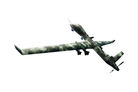 UAV military combat drone isolated on white background. Modern aircraft of the army, army of the future, reconnaissance, military drone. 3D illustration, 3D renderingの写真素材