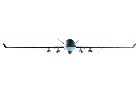 UAV military combat drone isolated on white background. Modern aircraft of the army, army of the future, reconnaissance, military drone. 3D illustration, 3D renderingの写真素材