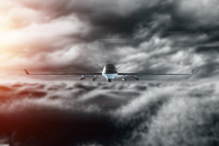 A military combat drone UAV is on duty in the sky. Modern aircraft, army of the future, reconnaissance, military drone, war of the future. 3D illustration, 3D renderingの写真素材