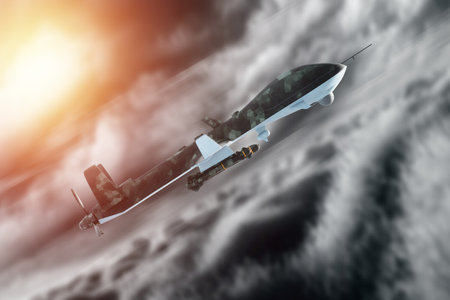 A military combat drone UAV is on duty in the sky. Modern aircraft, army of the future, reconnaissance, military drone, war of the future. 3D illustration, 3D renderingの写真素材
