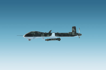 A military combat drone UAV is on duty in the sky. Modern aircraft, army of the future, reconnaissance, military drone, war of the future. 3D illustration, 3D renderingの写真素材