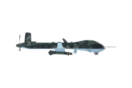 UAV military combat drone isolated on white background. Modern aircraft of the army, army of the future, reconnaissance, military drone. 3D illustration, 3D renderingの写真素材