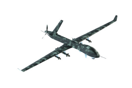 UAV military combat drone isolated on white background. Modern aircraft of the army, army of the future, reconnaissance, military drone. 3D illustration, 3D renderingの写真素材