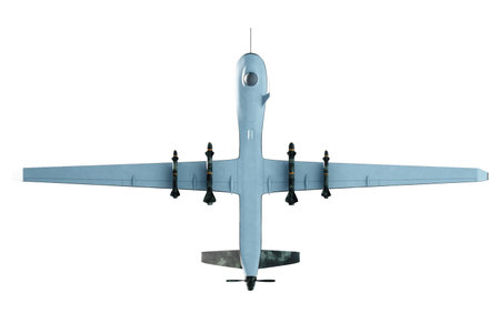 UAV military combat drone isolated on white background. Modern aircraft of the army, army of the future, reconnaissance, military drone. 3D illustration, 3D renderingの写真素材