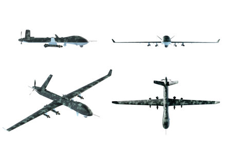 UAV military combat drone isolated on white background. Modern aircraft of the army, army of the future, reconnaissance, military drone. 3D illustration, 3D renderingの写真素材