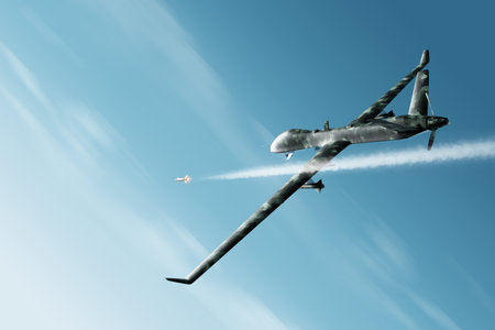 UAV military combat drone launches a combat missile. Modern aircraft, army of the future, reconnaissance, military drone, war of the future. 3D illustration, 3D renderingの写真素材