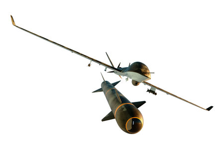 UAV military combat drone isolated on white background. Modern aircraft of the army, army of the future, reconnaissance, military drone. 3D illustration, 3D renderingの写真素材