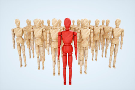 Wooden puppet stands at the head of society. Leadership concept, winner, leader, influencer. Copy space, 3D illustration, 3D renderの写真素材