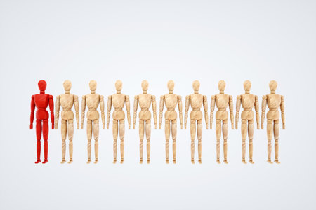 Wooden puppet stands at the head of society. Leadership concept, winner, leader, influencer. Copy space, 3D illustration, 3D renderの写真素材