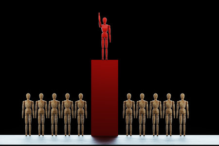 Wooden puppet stands at the head of society. Leadership concept, winner, leader, influencer. Copy space, 3D illustration, 3D renderの写真素材