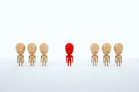 The wooden puppet stands isolated from society. The concept of hate, isolation, mistrust. Copy space, 3D illustration, 3D renderの写真素材