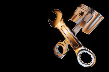 The concept of engine repair, car repair. Image of wrenches and a cylinder on a dark background. Copy space, 3D illustration, 3D renderの写真素材