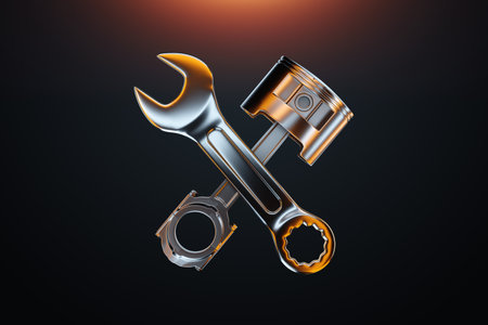 The concept of engine repair, car repair. Image of wrenches and a cylinder on a dark background. Copy space, 3D illustration, 3D renderの写真素材