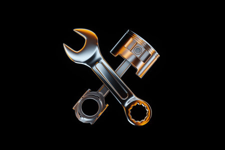 The concept of engine repair, car repair. Image of wrenches and a cylinder on a dark background. Copy space, 3D illustration, 3D renderの写真素材