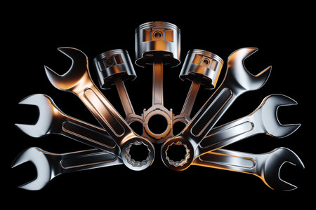 The concept of engine repair, car repair. Image of wrenches and a cylinder on a dark background. Copy space, 3D illustration, 3D renderの写真素材