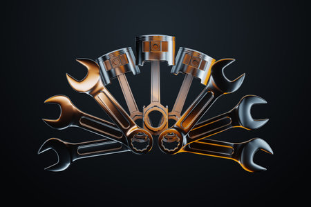 The concept of engine repair, car repair. Image of wrenches and a cylinder on a dark background. Copy space, 3D illustration, 3D renderの写真素材