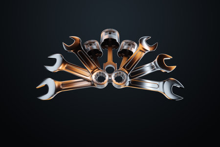 The concept of engine repair, car repair. Image of wrenches and a cylinder on a dark background. Copy space, 3D illustration, 3D renderの写真素材