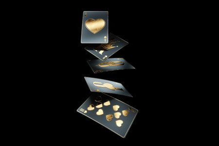 Playing cards isolated on black background. Concept of online gambling, recreation, poker, black jack, online casino. Copy space, 3D illustration, 3D renderの写真素材