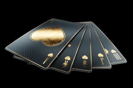 Playing cards isolated on black background. Concept of online gambling, recreation, poker, black jack, online casino. Copy space, 3D illustration, 3D renderの写真素材