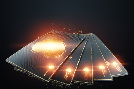 Casino banner, creative background, playing cards in black and gold style, luxury. Concept of online gambling, recreation, poker, black jack, online casino. Copy space, 3D illustration, 3D renderの写真素材