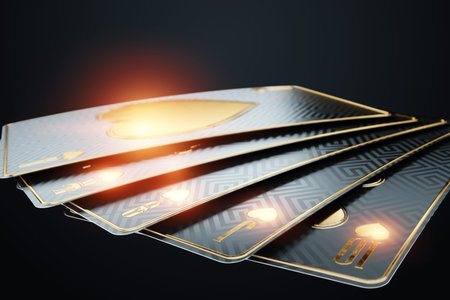 Casino banner, creative background, playing cards in black and gold style, luxury. Concept of online...