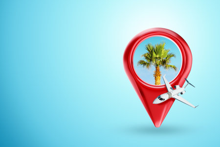 Red position pin airplane and palm trees on a blue background. The concept of tourism, travel, flights, no visas, a world without borders. 3d illustration, 3d render, copy spaceの写真素材