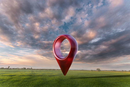 Green field and sunset with destination big red pin location. Concept of goal, dream, end, picnic, victory. mixed mediaの写真素材