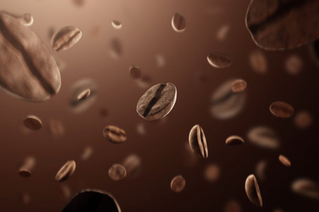 Coffee beans in flight on a brown background. The concept of morning, caffeine, break, exercise, energy. 3d illustration, 3d render, copy spaceの写真素材